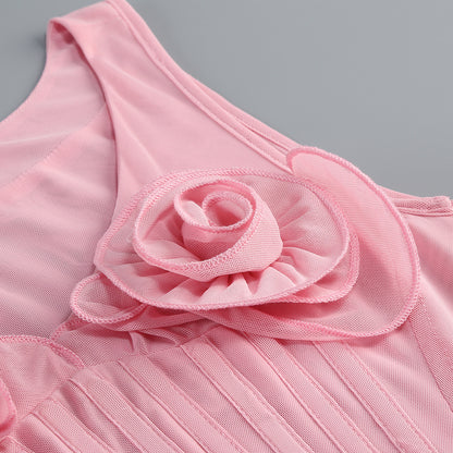 Soft Pink Corset Midi Dress with 3D Floral Bust