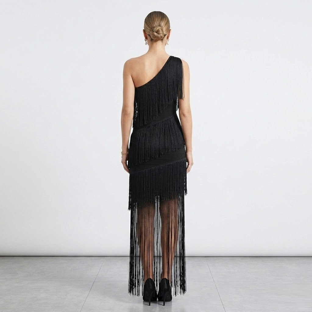 Statement Black Fringe Party Dress with Sheer Hem