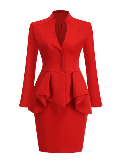 Crimson Red Peplum Jacket and Pencil Skirt Ensemble