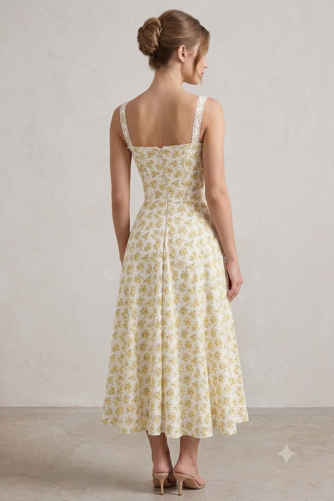 White and Yellow Ditsy Floral Sweetheart Midi Dress