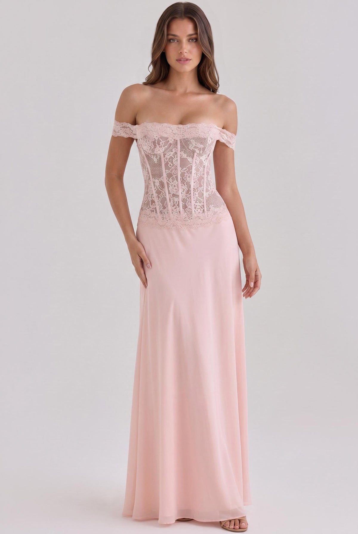 Off-The-Shoulder Sheer Lace Corset Gown - Soft Blush