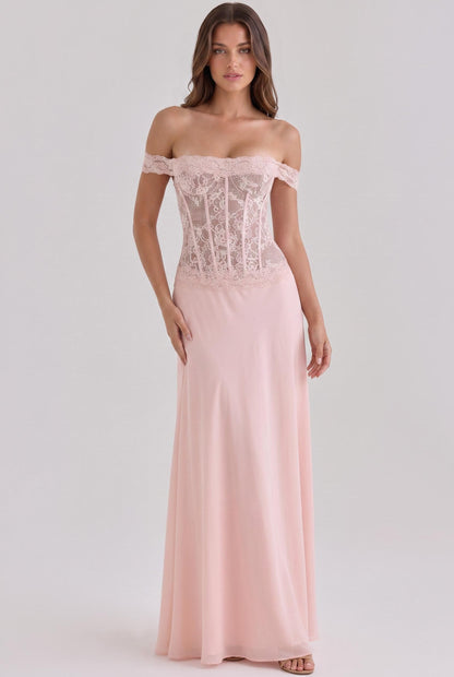 Off-The-Shoulder Sheer Lace Corset Gown - Soft Blush
