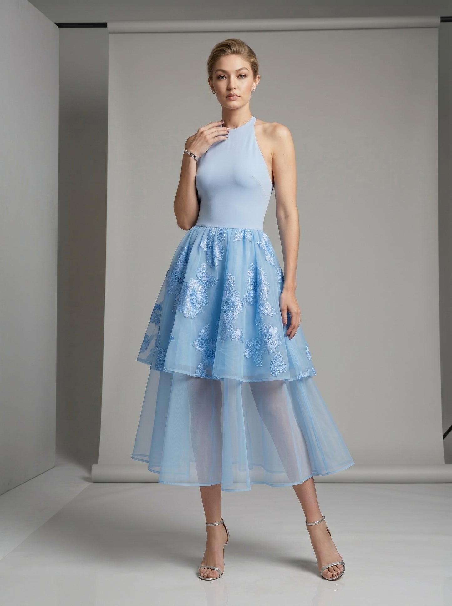 Powder Blue Floral Appliqué Halter Midi Dress