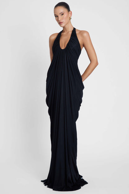 Thalia Draped Halter Maxi Gown with Plunging Neckline