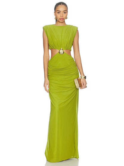 Vibrant Lime Green Draped Evening Dress with Waist Cutouts