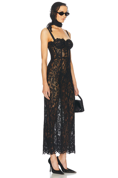 Black Sheer Floral Lace Corset Maxi Dress