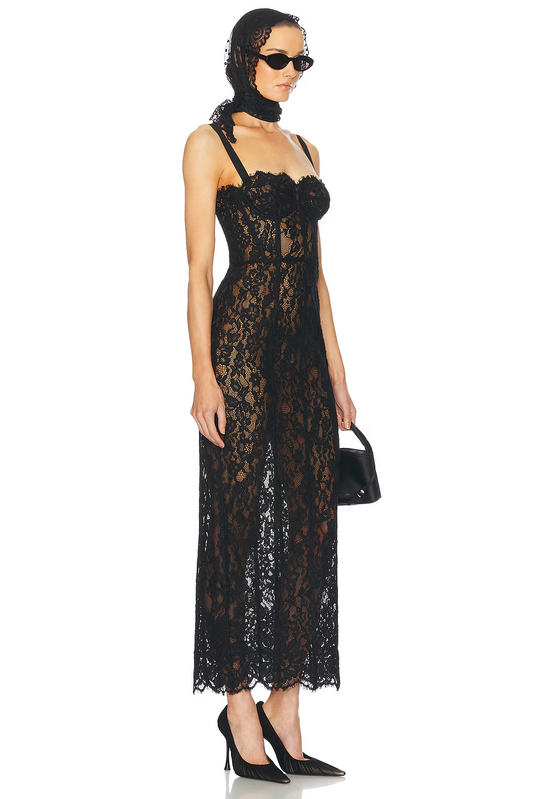 Black Sheer Floral Lace Corset Maxi Dress