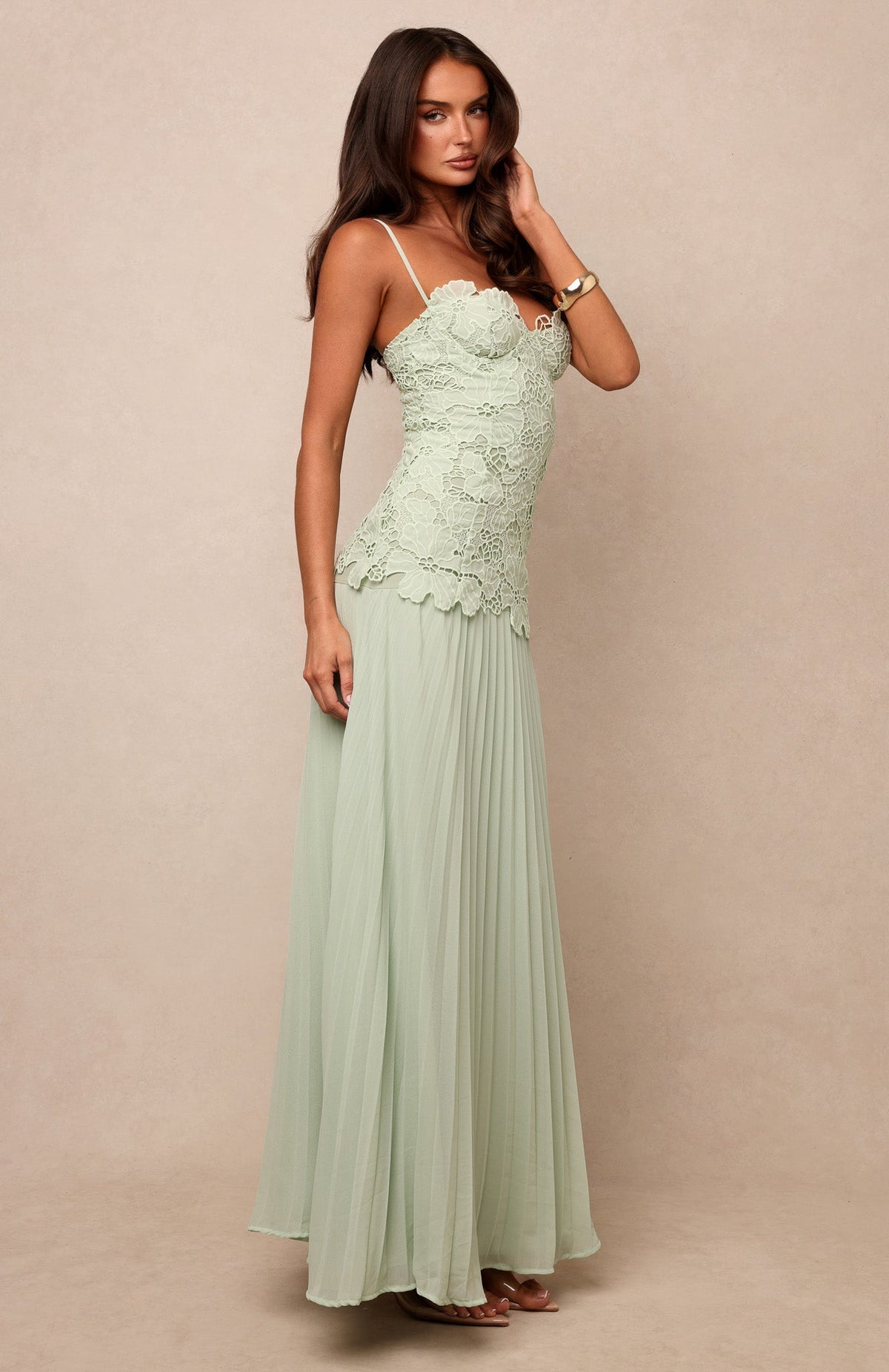 Floral Lace Corseted Pleated Gown - Soft Sage Green