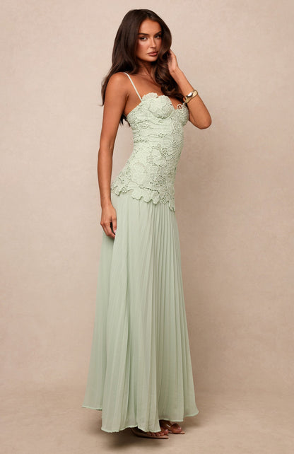 Floral Lace Corseted Pleated Gown - Soft Sage Green