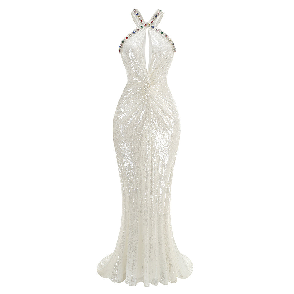 Multi-Jewel Halter Twist-Front Sequin Evening Gown - White