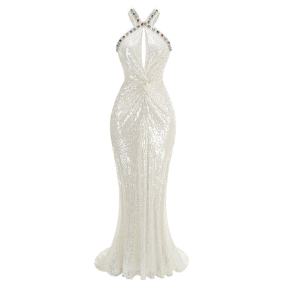 Multi-Jewel Halter Twist-Front Sequin Evening Gown - White