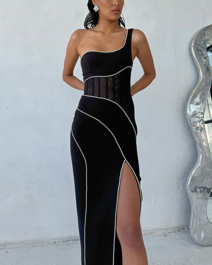 Elegant One-Shoulder Crystal-Trimmed Maxi Dress