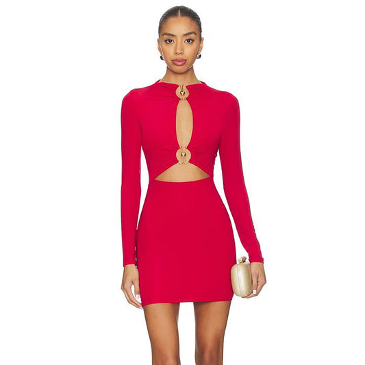 Valentina Keyhole Cutout Long Sleeve Mini Dress in Crimson Red