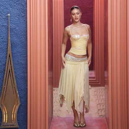 Embellished Ruched Bustier & Asymmetrical Skirt Set - Pale Yellow