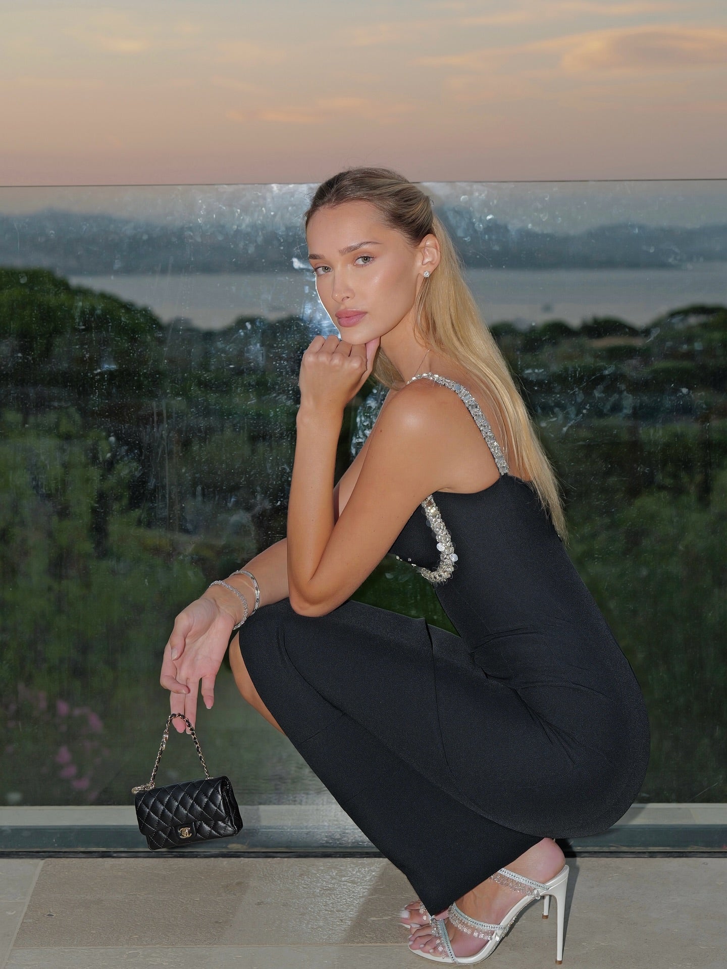 Black Rhinestone-Embellished Bustier Midi Dress