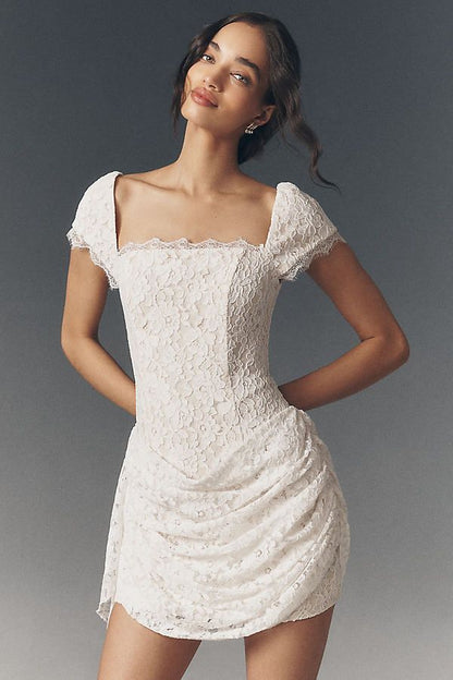 Ivory Floral Lace Corset Mini with Cascading Train