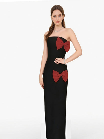 Strapless Asymmetrical Double-Bow Column Gown - Onyx Black & White