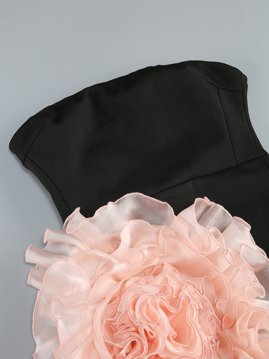 Black Strapless Asymmetrical Gown with Blush Organza Rosette