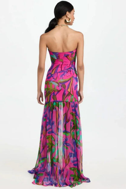 Vibrant Fuchsia Abstract Floral Strapless Maxi Dress