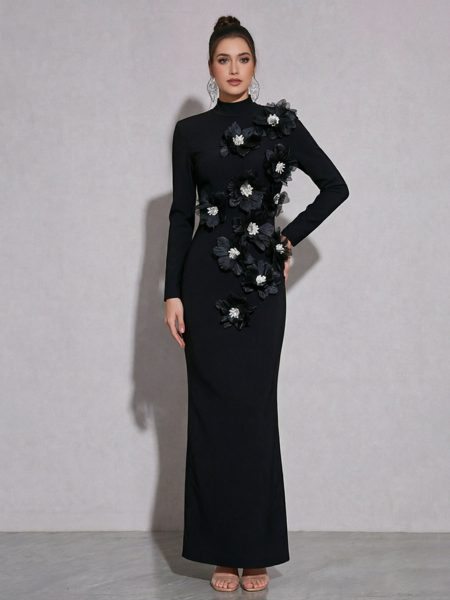High Neck Long Sleeve Black Gown with 3D Floral Applique