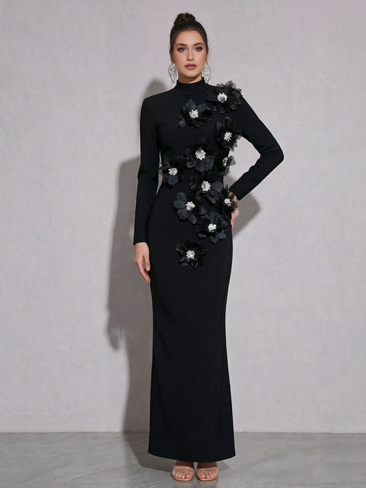 High Neck Long Sleeve Black Gown with 3D Floral Applique