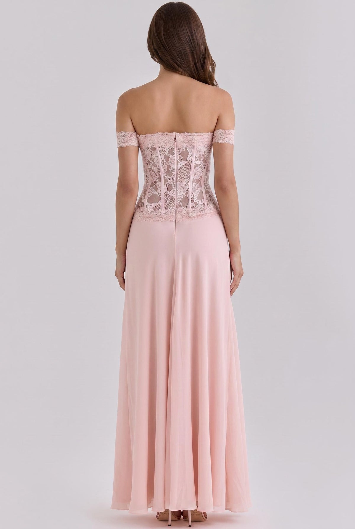 Off-The-Shoulder Sheer Lace Corset Gown - Soft Blush