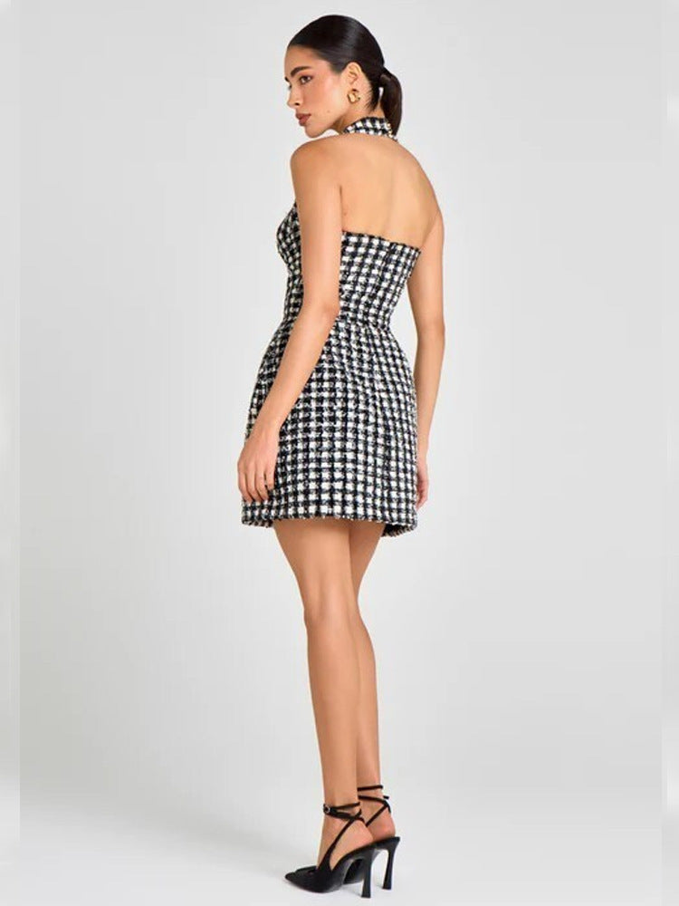 Black and White Houndstooth Tweed Halter Mini Dress