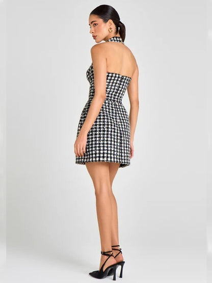 Black and White Houndstooth Tweed Halter Mini Dress