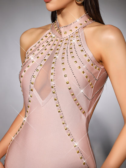 Embellished Halter-Neck Bodycon Evening Dress