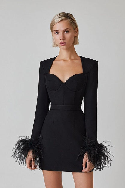 Elegant Black Feather-Trimmed Long Sleeve Mini Dress