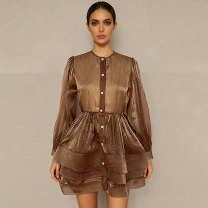 Shimmering Tiered Mini Dress with Button-Front Detail