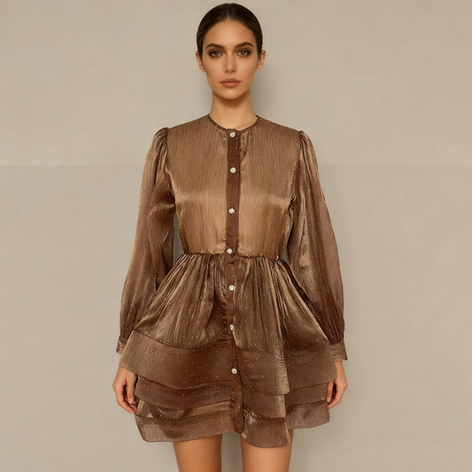 Shimmering Tiered Mini Dress with Button-Front Detail