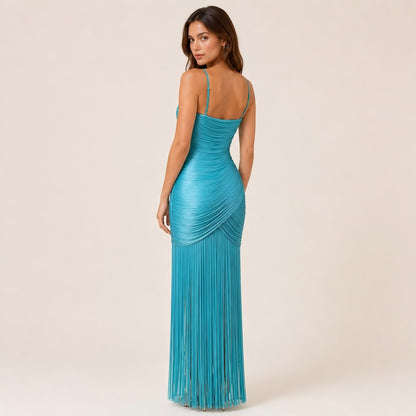 Ruched Spaghetti Strap Fringe Maxi Gown - Turquoise