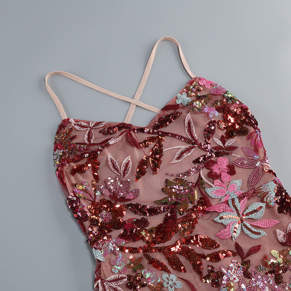 Strappy Sleeveless Ruffled Floral Embroidered Mini Dress
