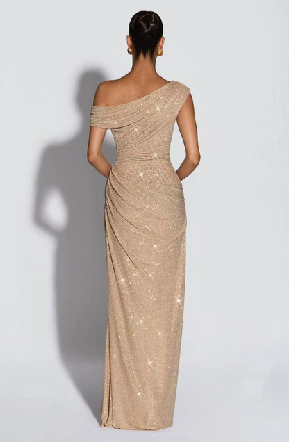 Champagne Crystal Mesh Asymmetrical Evening Gown