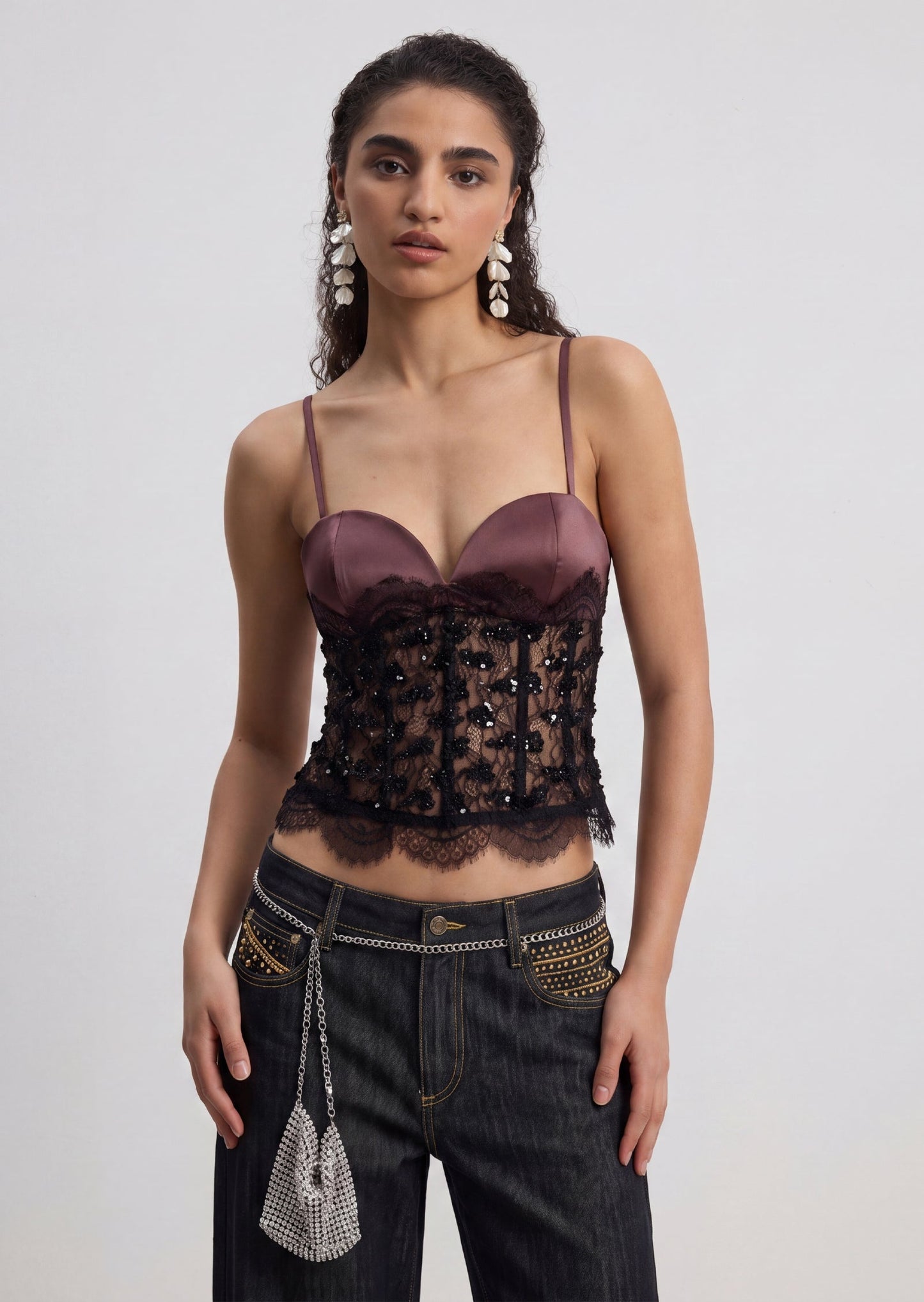 Elegant Satin & Sheer Lace Embellished Corset Top