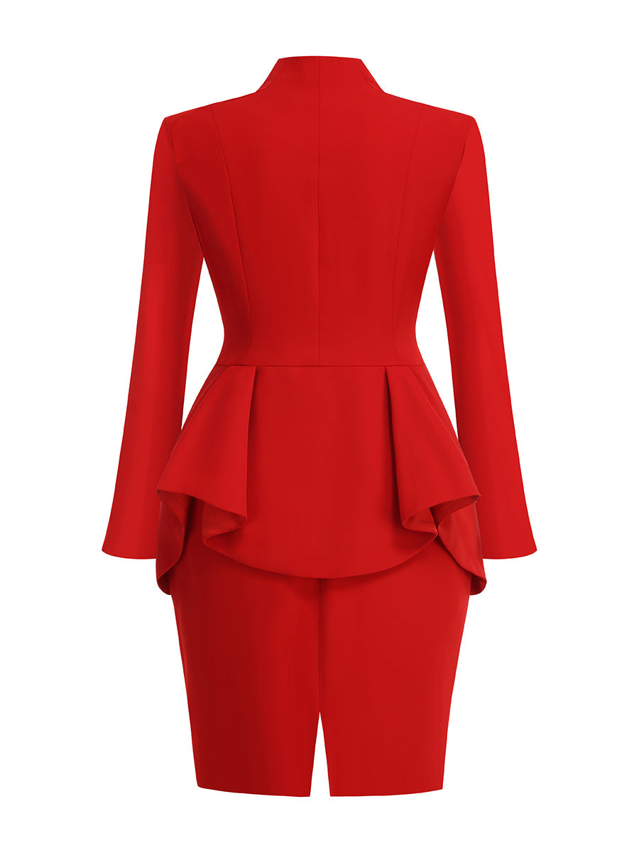 Crimson Red Peplum Jacket and Pencil Skirt Ensemble