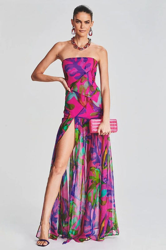 Vibrant Fuchsia Abstract Floral Strapless Maxi Dress