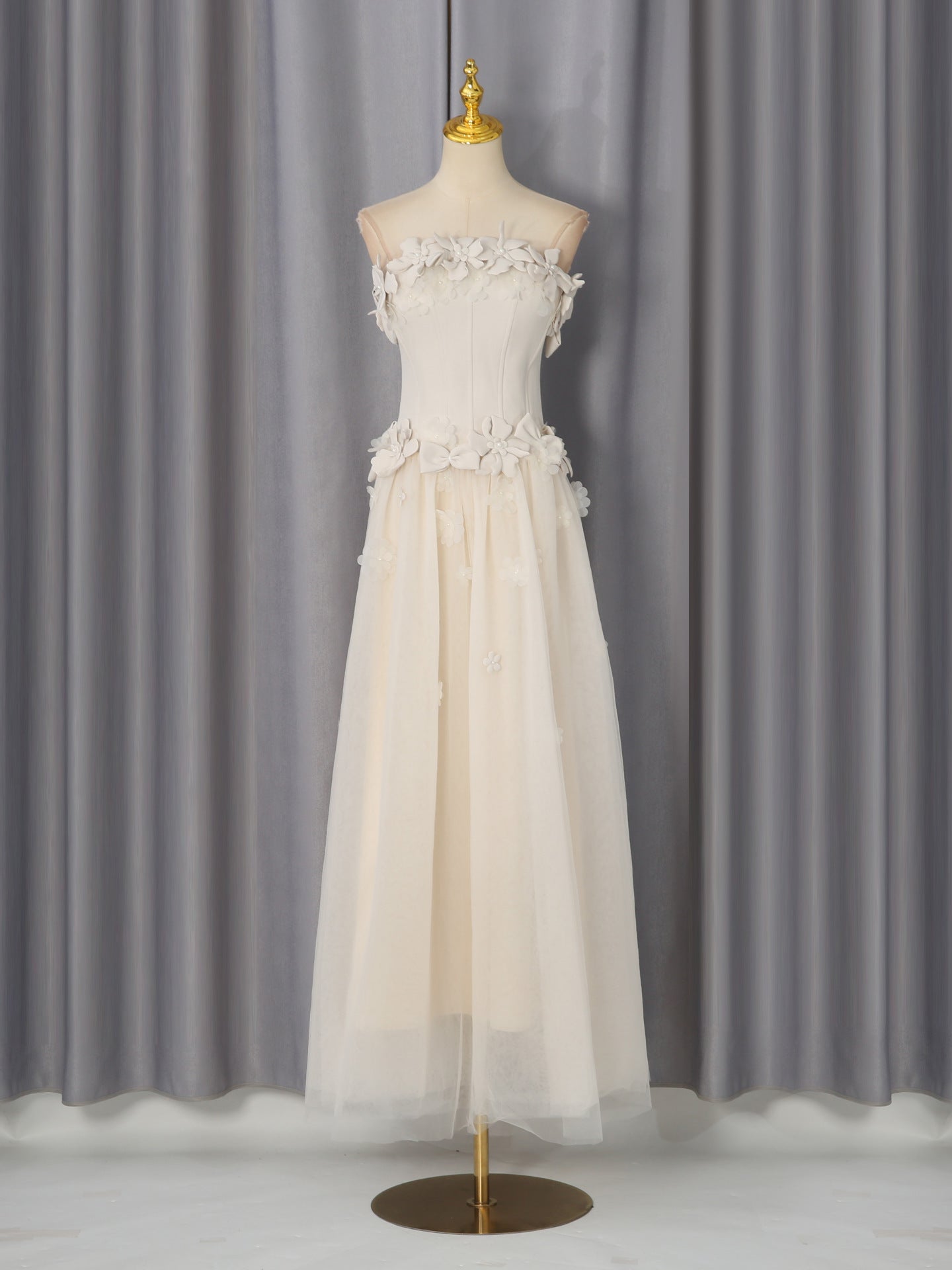 Ivory Strapless 3D Floral High-Low Gown