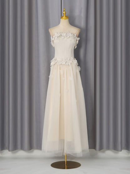 Ivory Strapless 3D Floral High-Low Gown