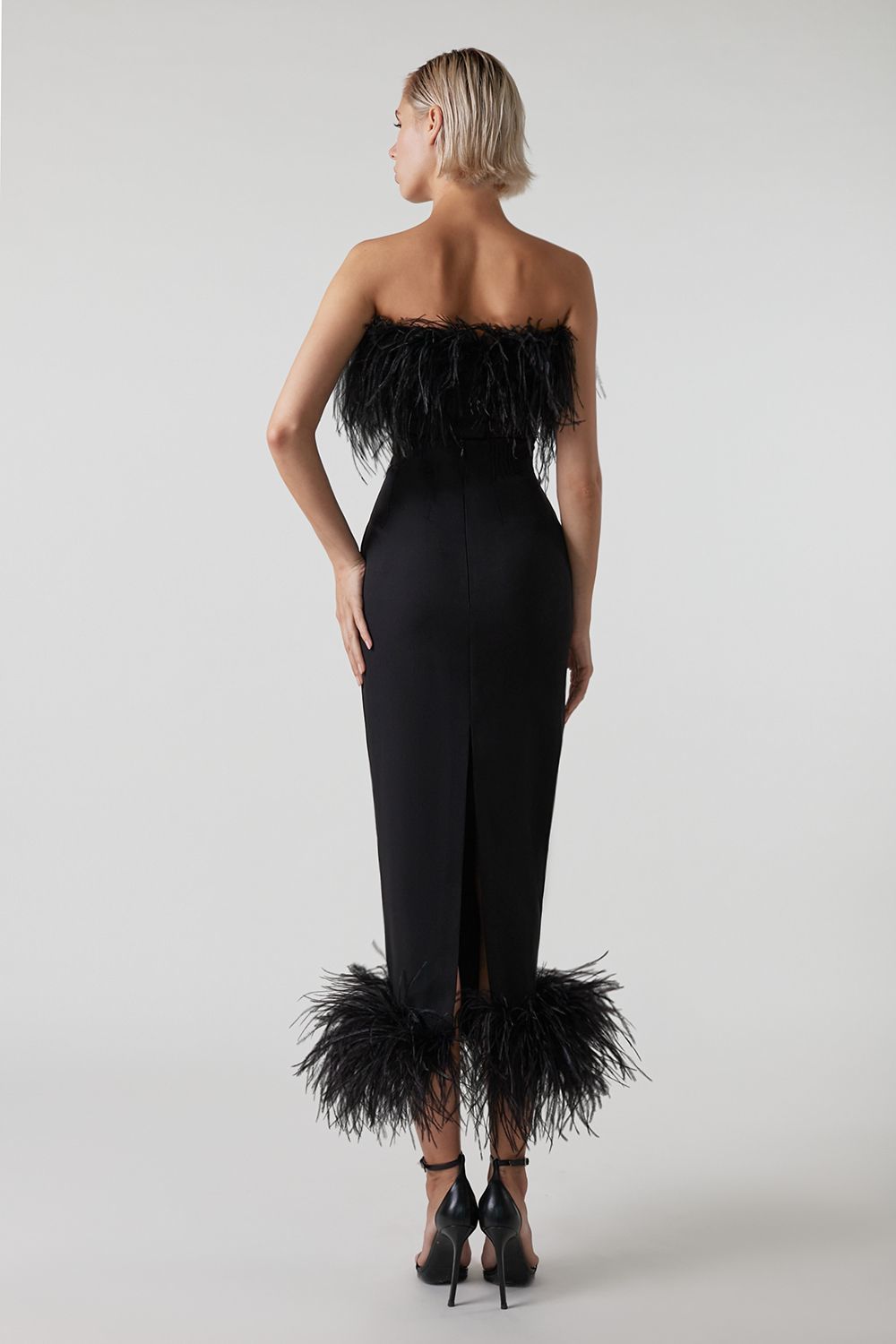 Black Strapless Feather-Trimmed Midi Dress