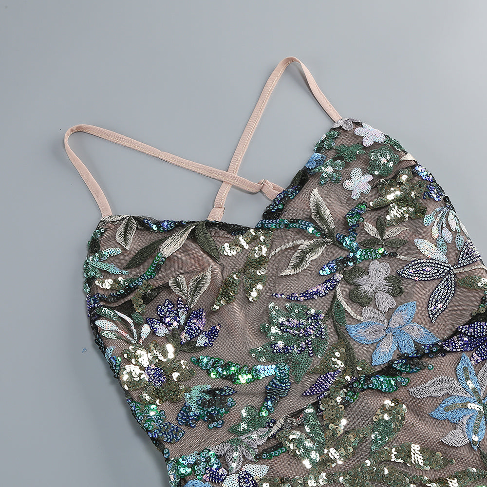 Strappy Sleeveless Ruffled Floral Embroidered Mini Dress