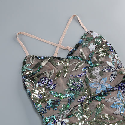 Strappy Sleeveless Ruffled Floral Embroidered Mini Dress