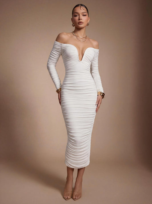 White Off-the-Shoulder Plunging V-Neck Ruched Midi Dress