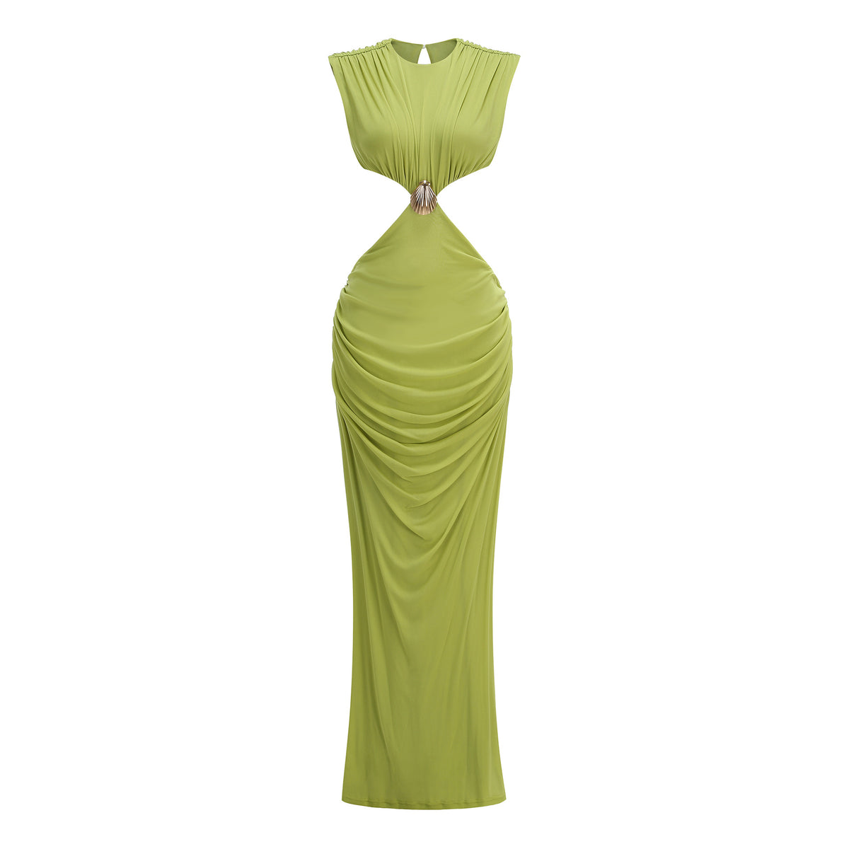 Vibrant Lime Green Draped Evening Dress with Waist Cutouts