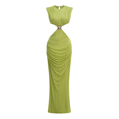 Vibrant Lime Green Draped Evening Dress with Waist Cutouts