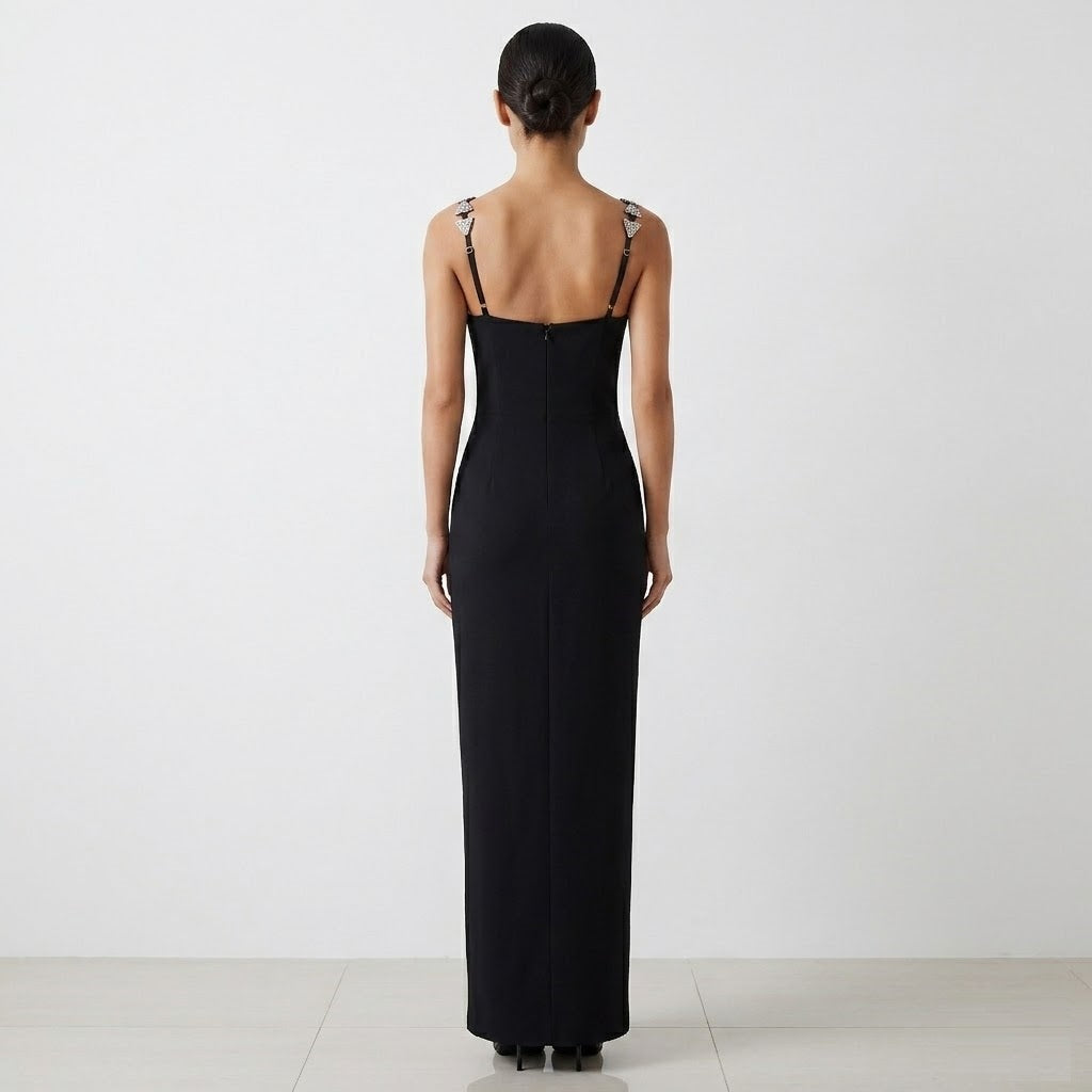 Geometric Crystal Embellished Midi Dress - Black