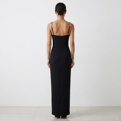 Geometric Crystal Embellished Midi Dress - Black
