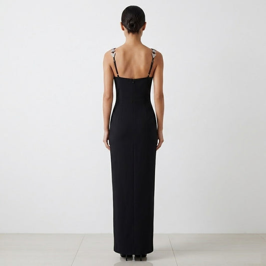 Geometric Crystal Embellished Midi Dress - Black