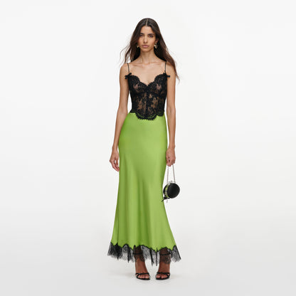 Lime Green Satin & Black Lace Lingerie-Inspired Slip Dress